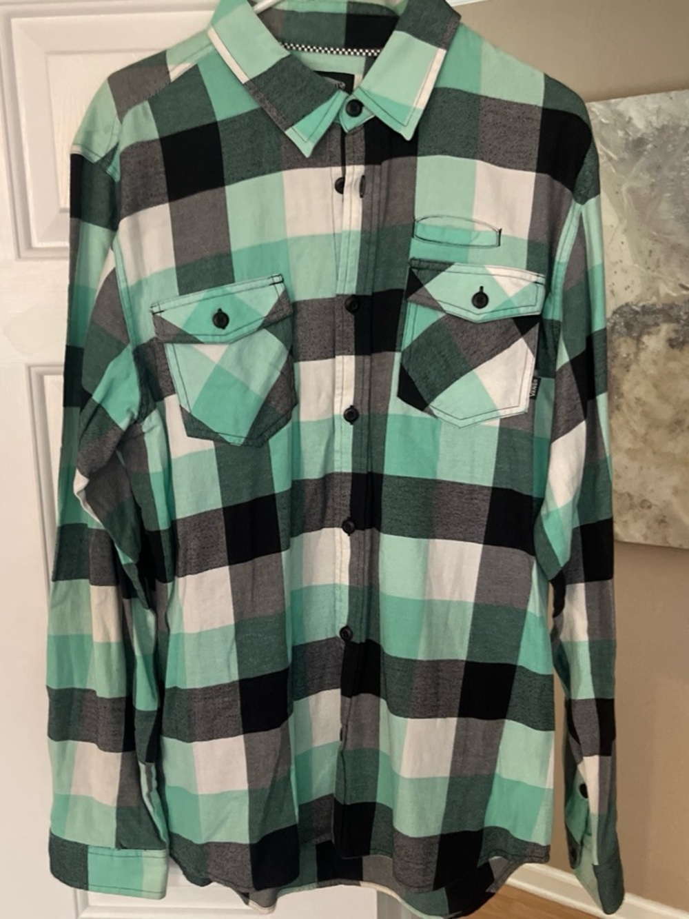 Vans Mint Green, Black & White Plaid Button-Down Shirt